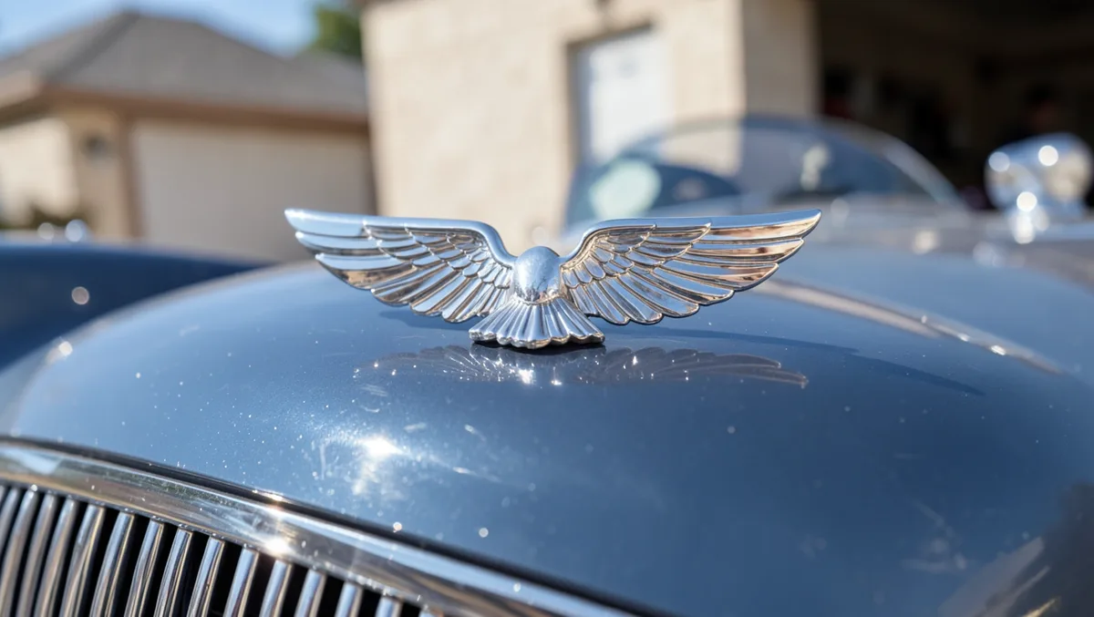 Close-up of a chrome winged hood ornament mounted on a restored vintage classic car