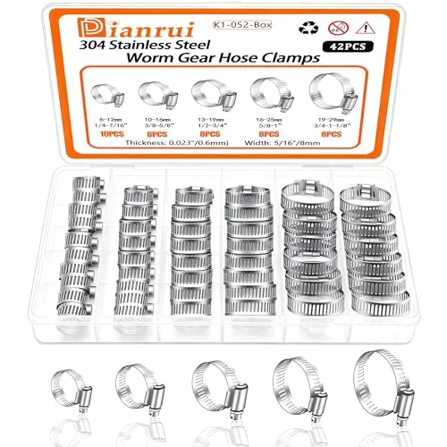 Dianrui 42-piece stainless steel 304 worm gear hose clamp assortment kit in a labeled case