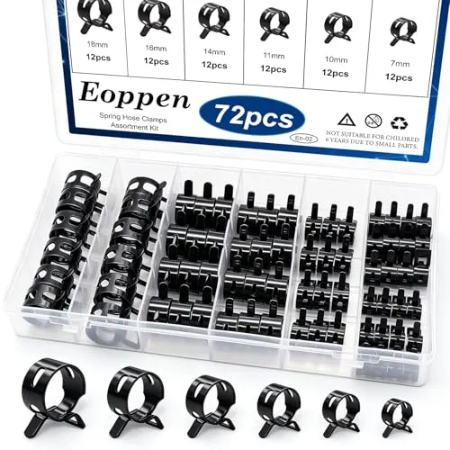 Eoppen 72-piece black plastic spring hose clamp assortment for silicone vacuum and fuel line hose
