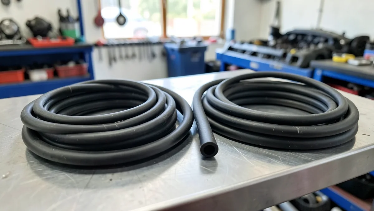 Coiled black rubber and silicone automotive hoses on a workbench in a car repair garage