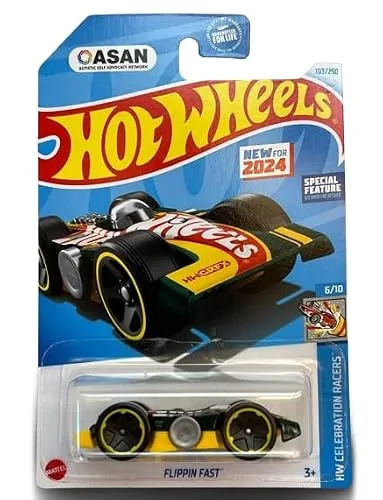 Hot Wheels Flippin Fast Green/Yellow 2024 HW Celebration Racers die-cast car package with ASAN seal