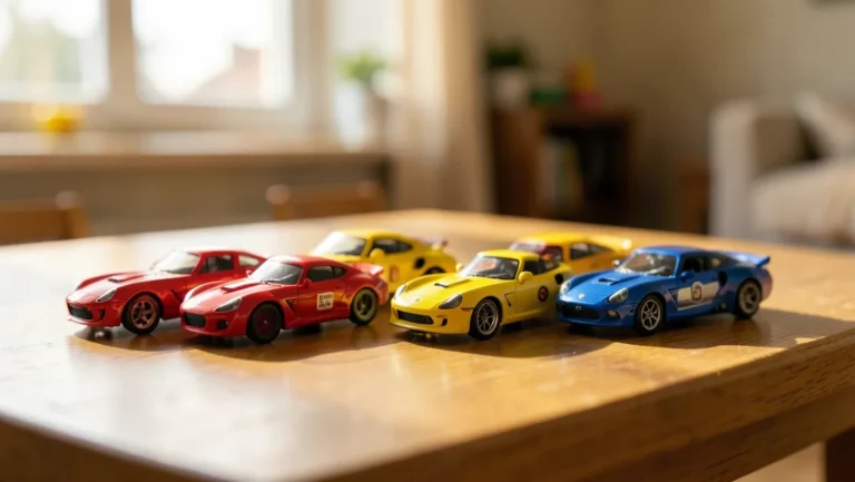 Colorful die-cast toy race cars arranged for open-ended sensory play
