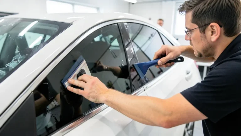 Professional installer applying tint film to a car window
