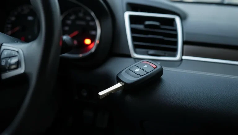 Car key fob remote resting on the dashboard next to a glowing red anti-theft security light