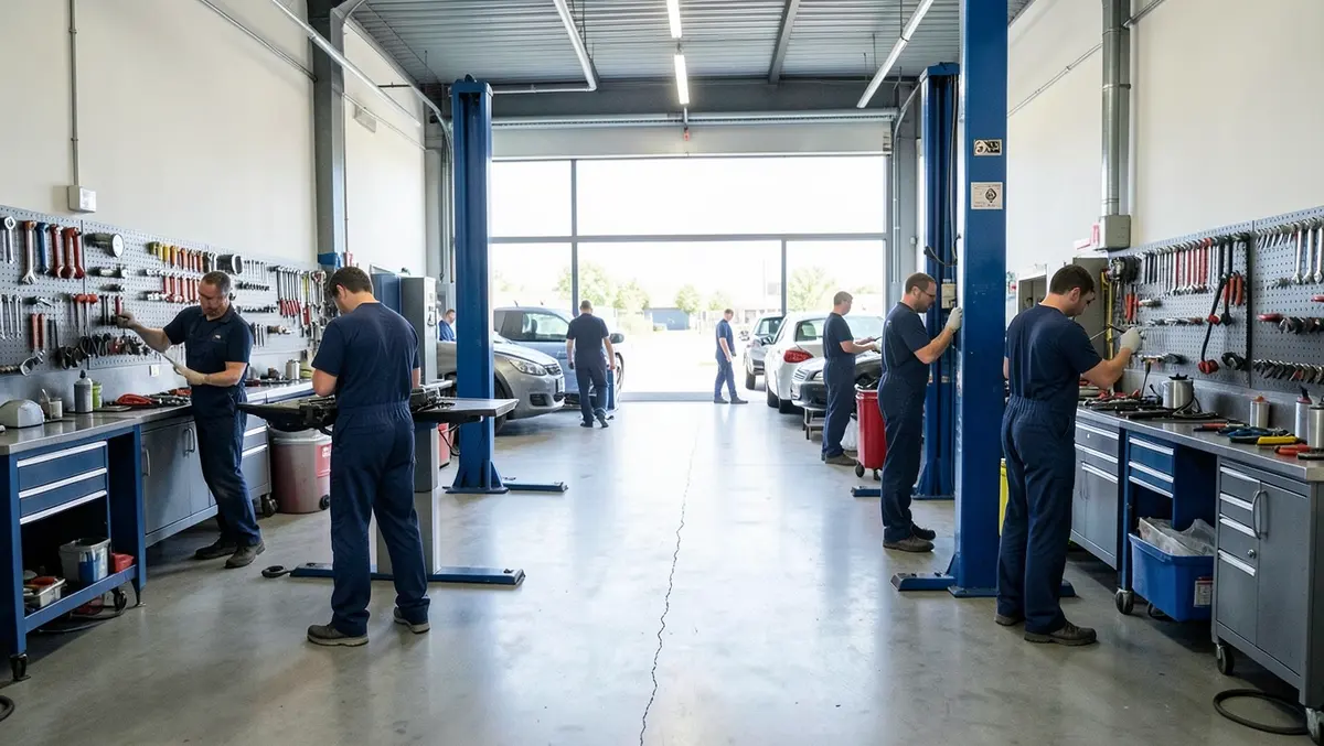 Auto repair shop floor with several technicians working on cars on hydraulic lifts
