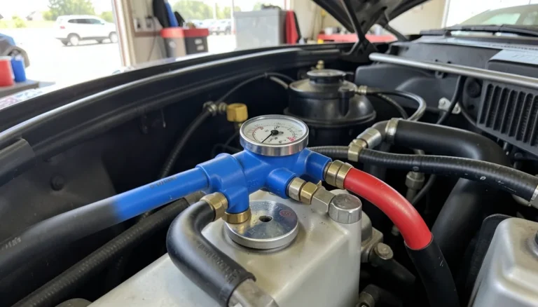 Manifold gauge set connected to a car AC service ports under the hood for removing Freon