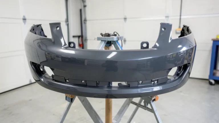 Freshly painted glossy gray plastic front bumper cover resting on a paint stand in a garage