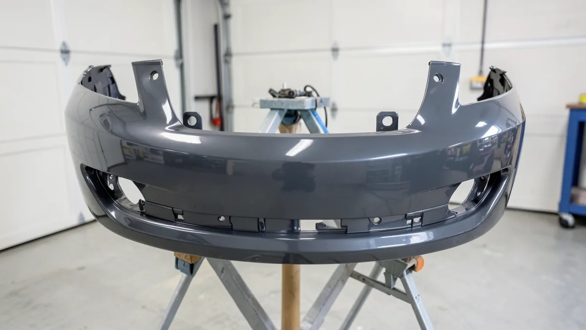 Freshly painted glossy gray plastic front bumper cover resting on a paint stand in a garage