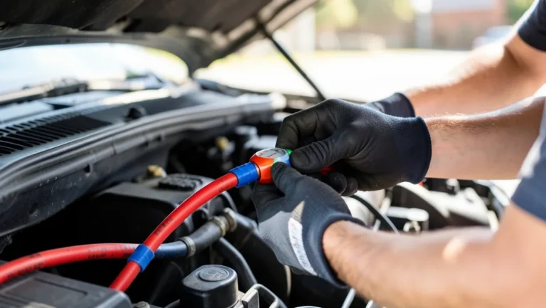 Mechanic connecting manifold gauge hoses to a car AC service port to recover refrigerant