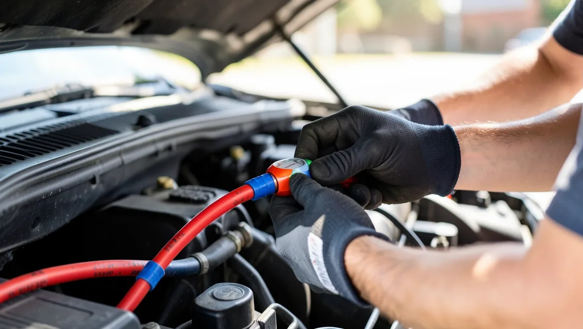 Mechanic connecting manifold gauge hoses to a car AC service port to recover refrigerant