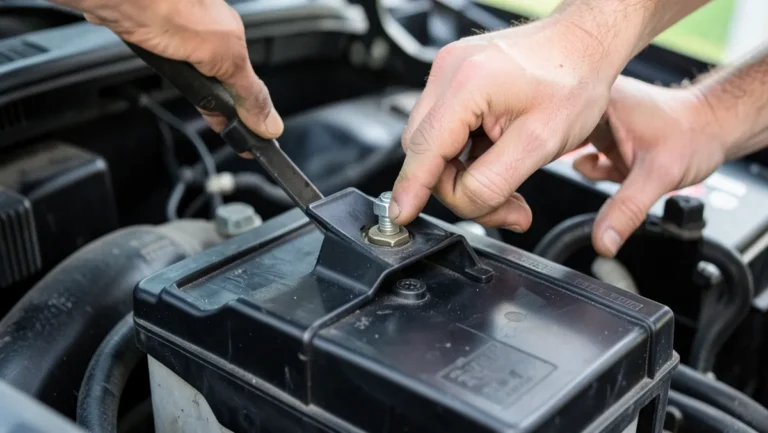 Mechanic tightening the bolt on a car battery hold-down bracket in the engine bay