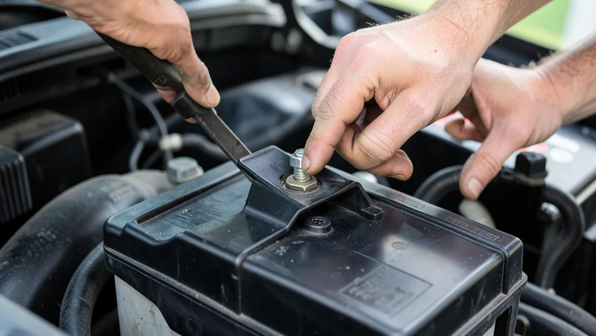 Mechanic tightening the bolt on a car battery hold-down bracket in the engine bay
