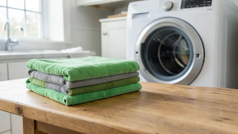 Stack of clean folded microfiber car detailing towels on a wooden table beside an open washing machine