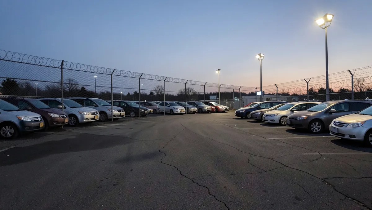 Rows of impounded vehicles parked inside a fenced tow yard at dusk