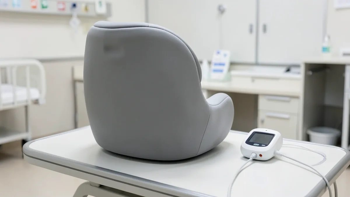 Rear-facing infant car seat next to a pulse oximeter monitor used during a hospital car seat tolerance screen