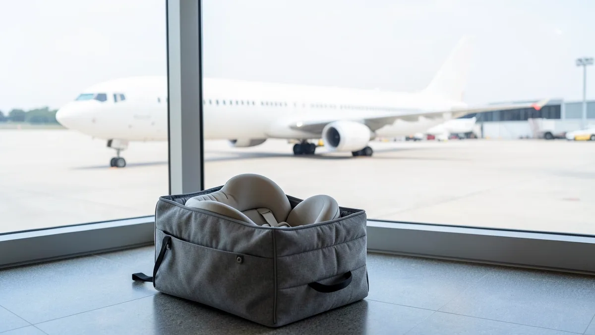 Padded gray car seat travel bag with an infant car seat inside it, staged in an airport terminal for gate-check