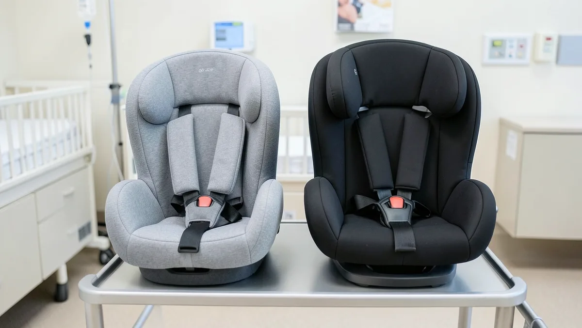 Two different infant car seat styles compared side by side in a hospital nursery