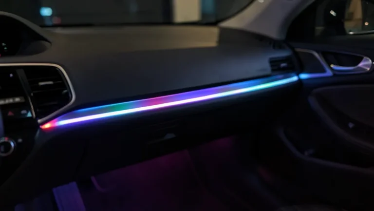 Multicolor RGB LED ambient light strip glowing along a car dashboard seam at night