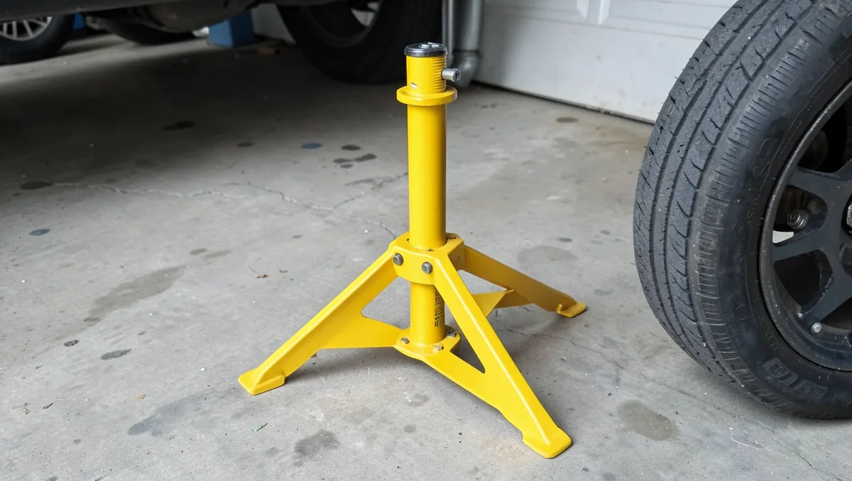 A yellow tripod jack stand set on a garage floor next to a car tire