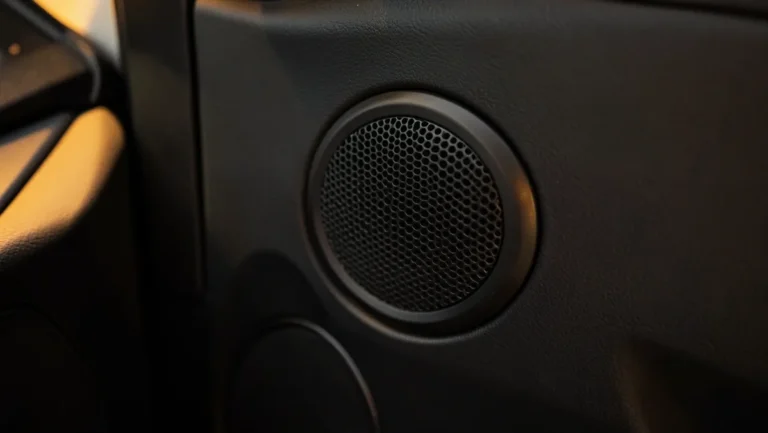 Aftermarket car door speaker grille installed in a vehicle door panel