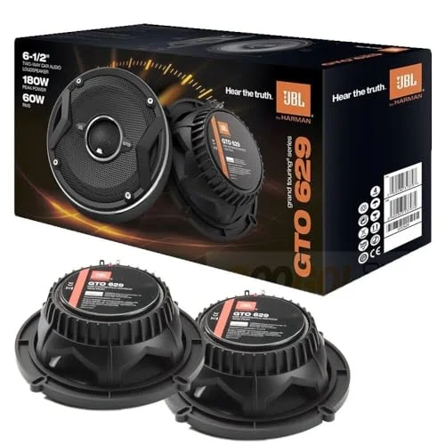 JBL GTO629 6.5-inch two-way coaxial car speakers with retail packaging showing power ratings