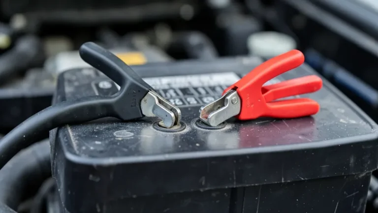 Red and black jumper cable clamps attached to two separate car battery terminals