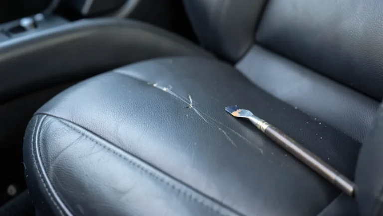 Black leather car seat with a small scratch being repaired with a color-matching filler tool