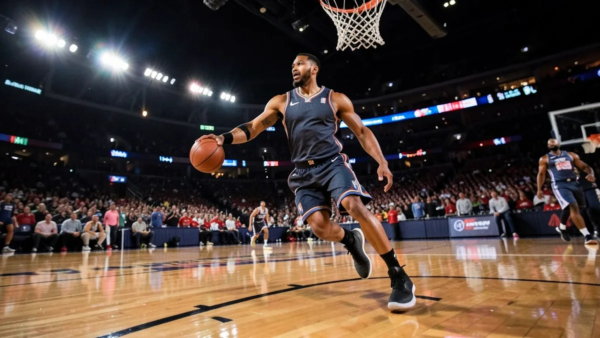 Professional basketball player driving to the basket during an NBA night game
