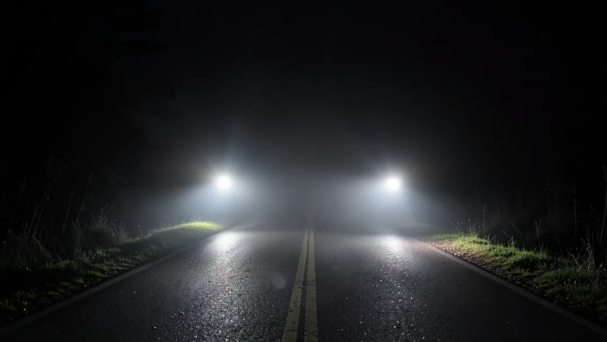 Bright LED headlight beams cutting through a dark foggy road at night