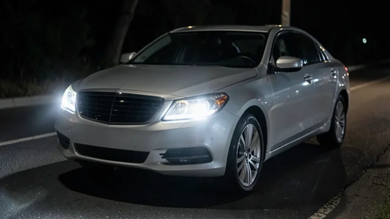 Car headlights glowing bright white at night on a dark road, LED headlight conversion kit result