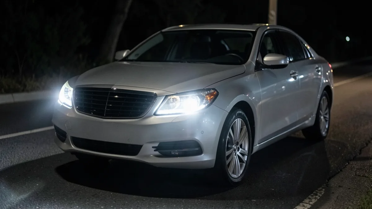 Car headlights glowing bright white at night on a dark road, LED headlight conversion kit result