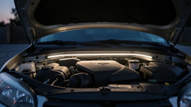 White LED light strip mounted under the hood lighting a car engine bay