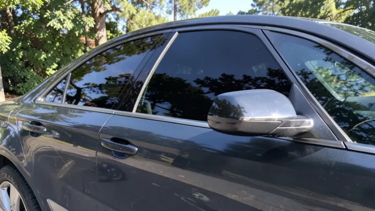 Close-up of a car with dark tinted side windows parked outdoors