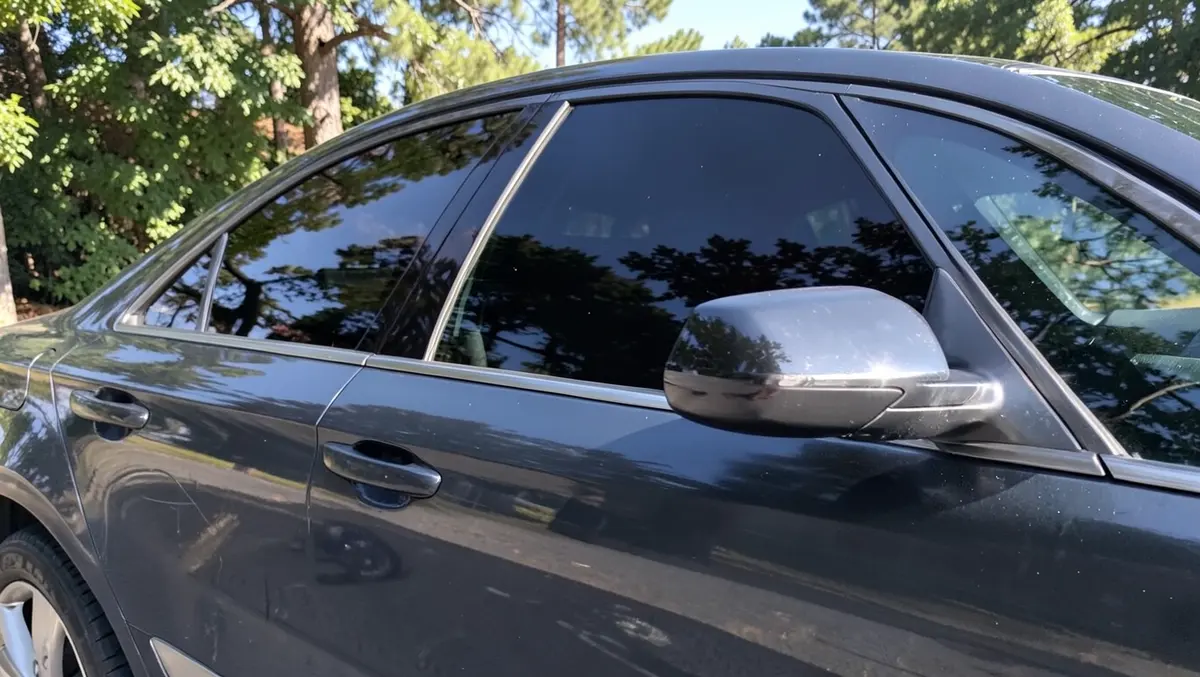 Close-up of a car with dark tinted side windows parked outdoors