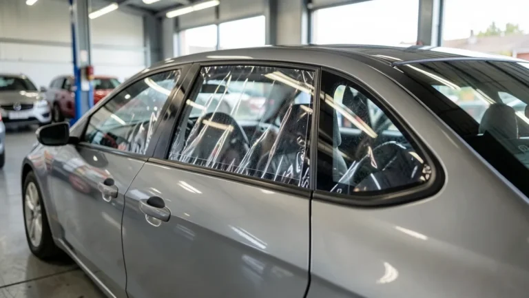 Silver sedan in an auto garage with a clear polycarbonate window panel installed in the rear side window opening