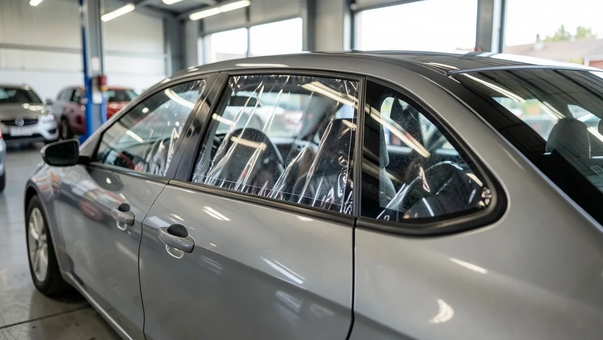 Silver sedan in an auto garage with a clear polycarbonate window panel installed in the rear side window opening