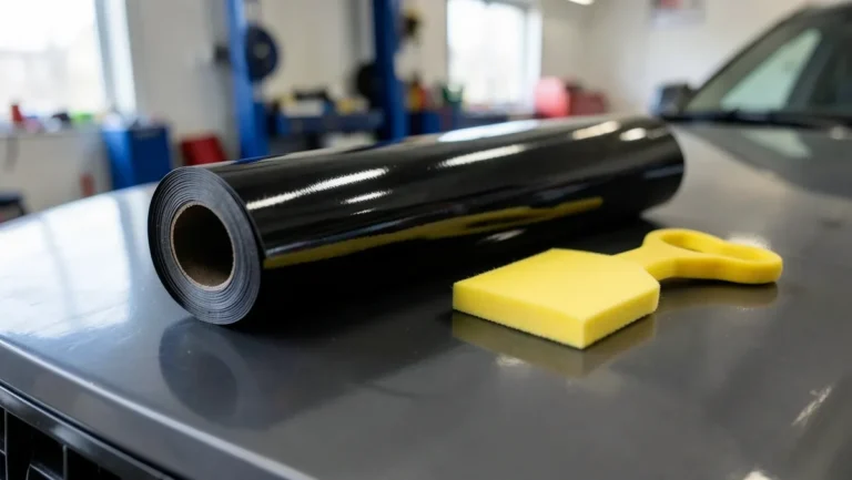 Roll of black automotive vinyl decal material and a yellow squeegee tool on a car hood in a garage