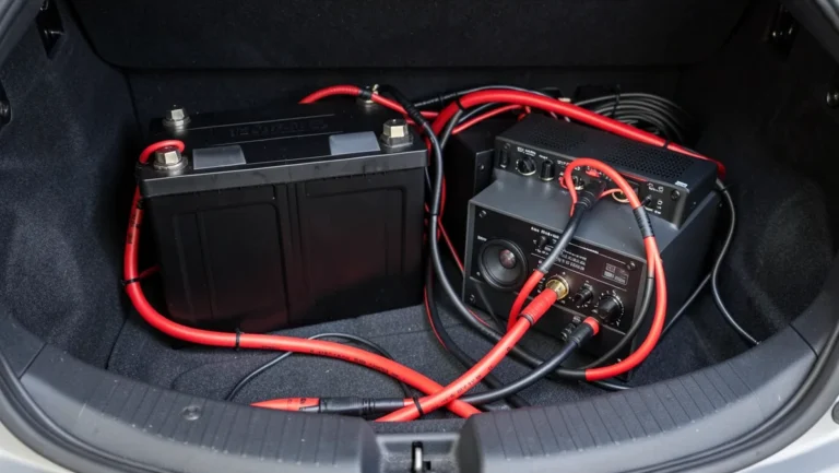 Lithium battery and amplifier installed in a car trunk for a car audio system