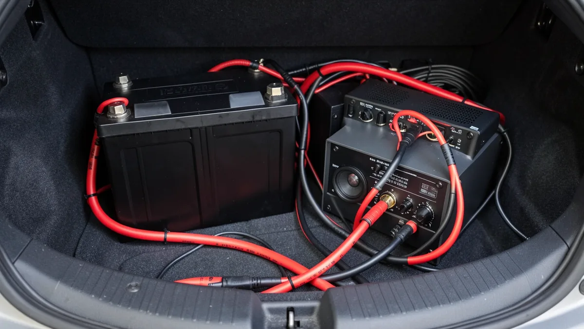 Lithium battery and amplifier installed in a car trunk for a car audio system