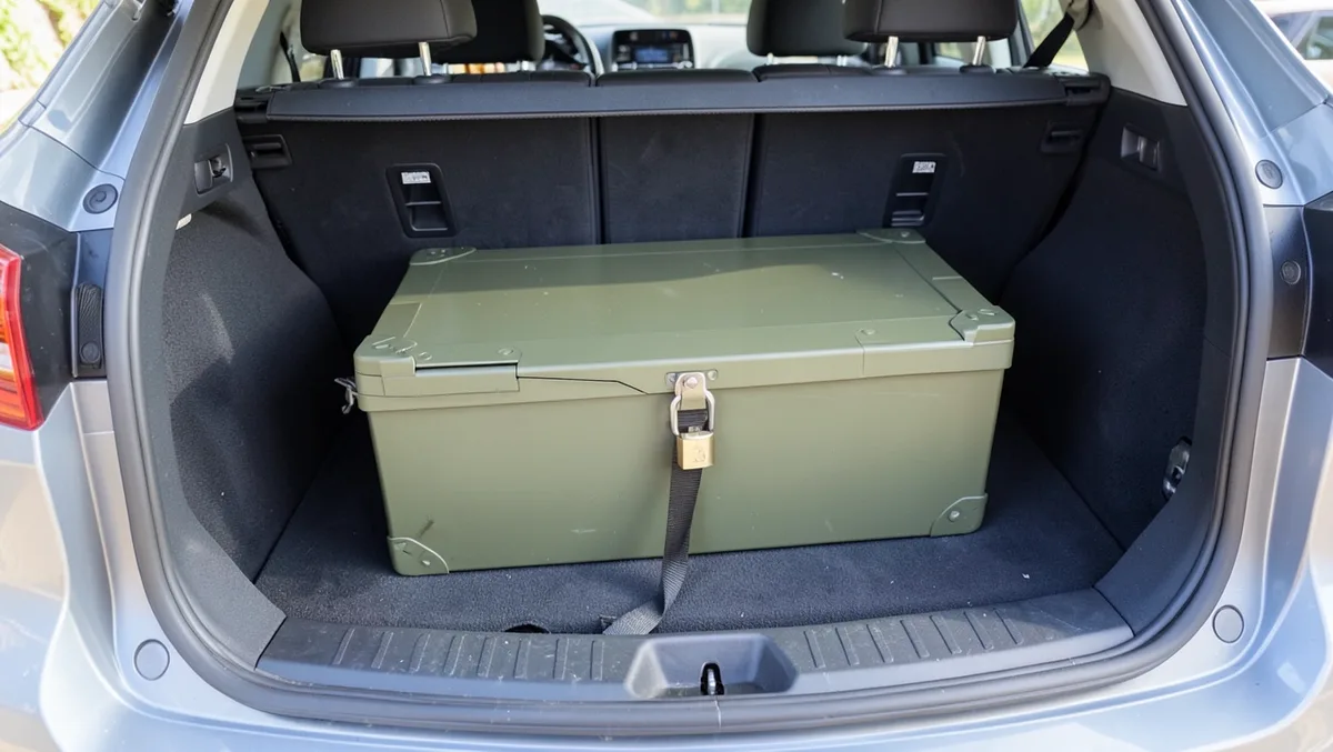 A locked olive green steel ammo case secured with a padlock and tie-down strap in the trunk of an SUV