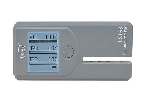 LS163 digital window tint transmission meter showing a VLT percentage reading