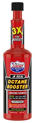 Lucas Oil 15-ounce octane booster bottle for raising the effective octane rating of a tank of gasoline