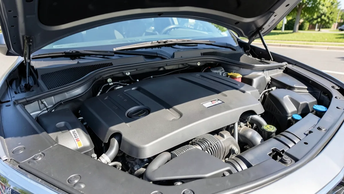 Open hood view of a luxury car engine bay during a routine maintenance check