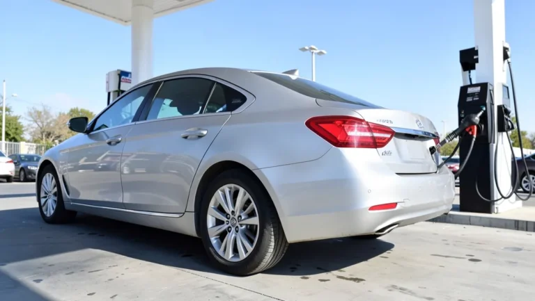 Luxury sedan refueling at a gas station with the fuel nozzle inserted into the fuel door