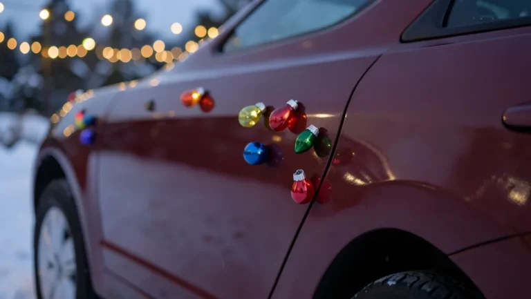 Colorful Christmas bulb magnets decorating a car door panel