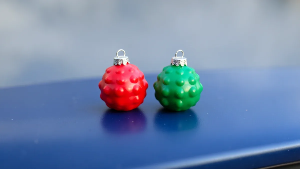 Two small ornament-style holiday decorations resting on a car's painted trunk lid