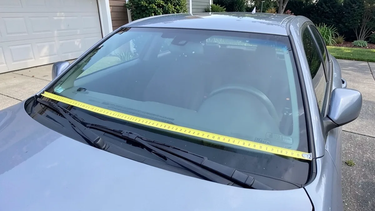 Tape measure stretched across the base of a car windshield to check width before buying a frost cover