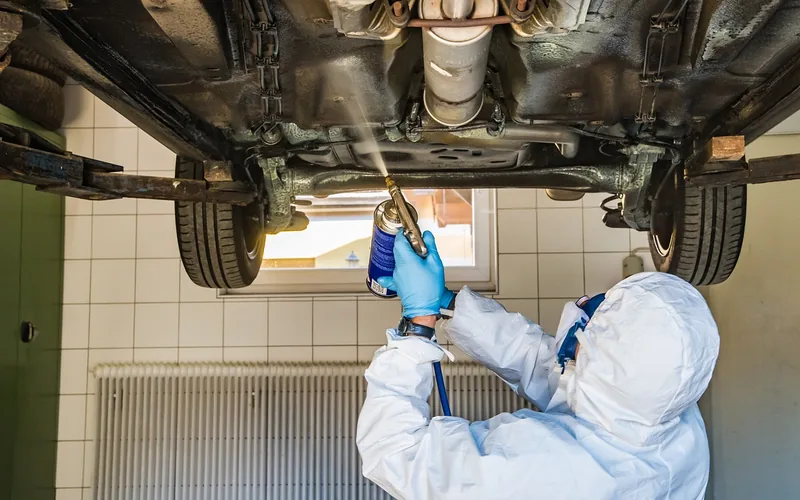 Mechanic spraying underbody protection over a car splash shield in a workshop Mechanic spraying underbody protection over a car splash shield in a workshop