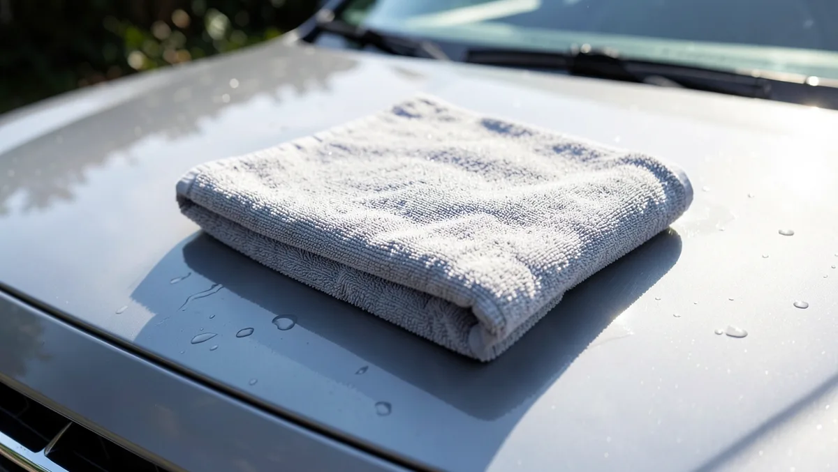Folded grey microfiber towel resting on a wet car hood during detailing