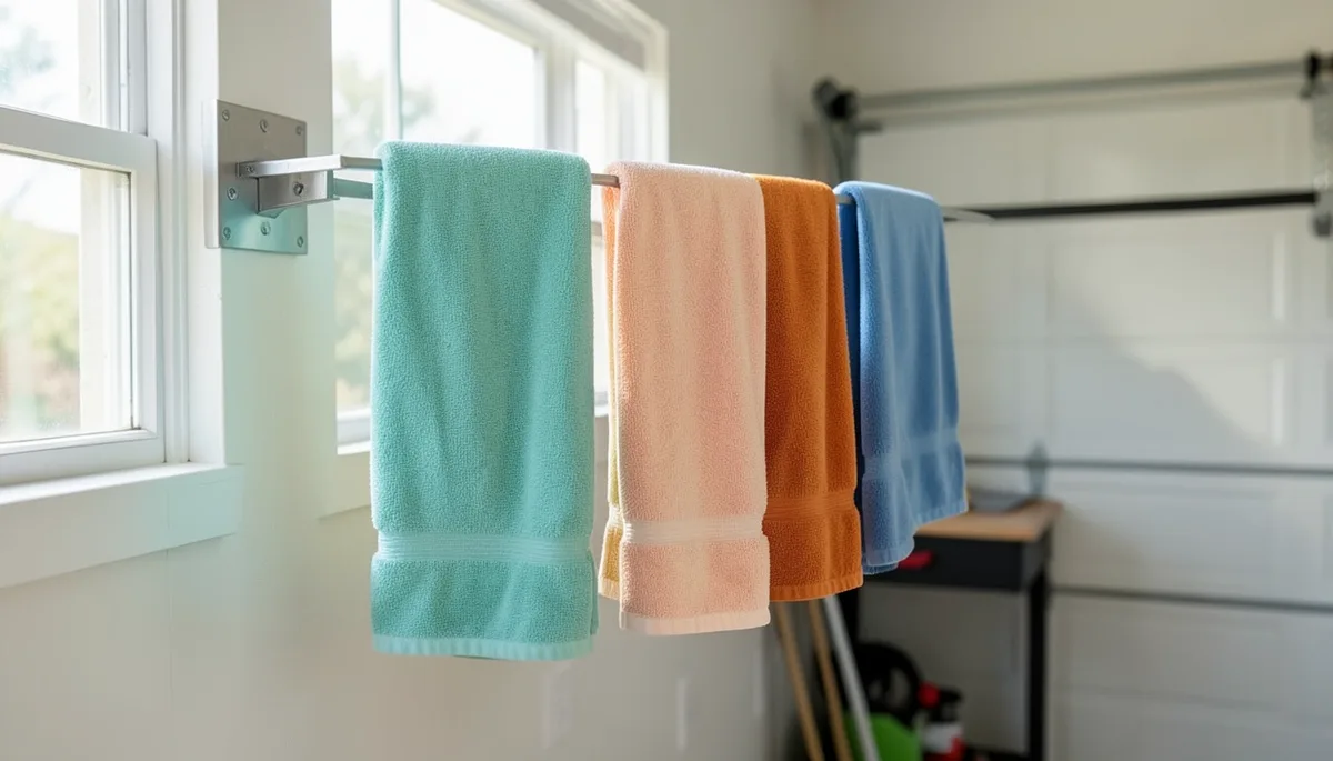 Clean microfiber car towels of different colors hanging to air dry on a rack in a garage